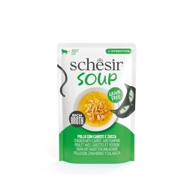 Immagine di Schesir, Zuppa con Filetti di Pollo Carote e Zucca, Cibo Umido Complementare per Gatti, Ricetta Originale, 100% Naturale, 12 buste da 40g