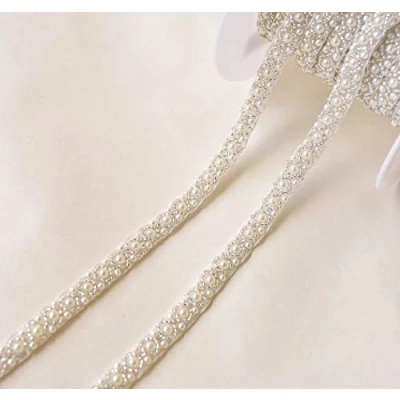 Immagine di Bene Omnia, Nastro di pizzo da sposa con perline e perle, per lavori artigianali, cucito, abiti sposa, decorazione fai te, 1 cm, lunghezza: 1,8 m