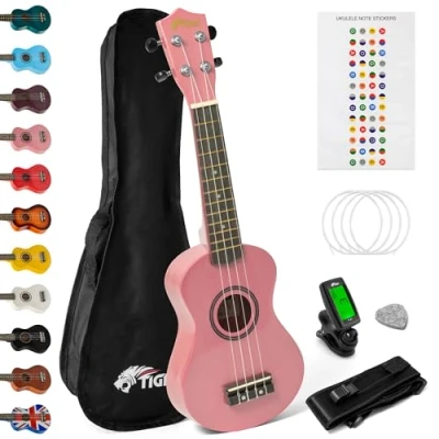 Immagine di TIGER UKEKIT PK Pacchetto Ukulele per principianti, soprano, accordatore, tracolla, adesivi, corde di ricambio e plettro in feltro Rosa