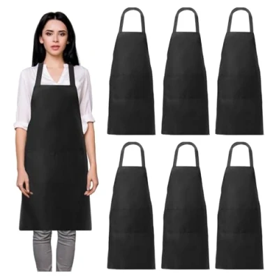 Immagine di MEYAGOT Grembiule Da Cucina,6 Pezzi Cucina,Grembiule Nero Cucina,Regolabile Grembiuli Con Tasche,Nero BBQ Per Cucina Domestica,Barbecue,Ristorante,Bar