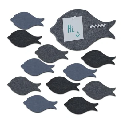 Immagine di Relaxdays Bacheca da Parete, Set 12 Pannelli in Feltro a Forma di Pesce, Puntine incl, HLP: 16 x 30 0,9 cm, Colorato