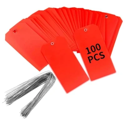 Immagine di JNJOOD 100 etichette in plastica da 10 cm x 6 cm, con fili, vuote per etichettatura, impermeabili, resistenti, facili installare