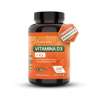 Immagine di Vitamina D3 + K2 240 Capsule Maxi Scorta 8 Mesi Alto Dosaggio 2000 UI &amp; 3600 Supporto per Ossa, Articolazioni e Sistema Immunitario Senza Glutine Lattosio