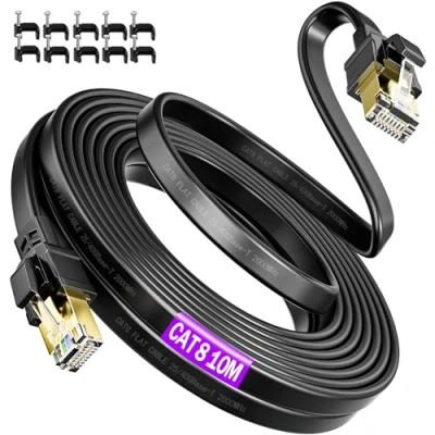 Immagine di Soibke Cavo Ethernet 10 Metri, 40Gbps 2000MHz Alta Velocità Cat 8 LAN Metri Schermato Piatto Esterno Anti jamming Internet 10m Filo RJ45 Gigabit di Rete Patch Lungo