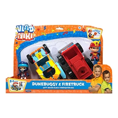 Immagine di Bandai Vlad &amp; Niki Crazy Fun Vehicles Camion dei pompieri con pompiere e Dune Buggy Racer Confezione da 2 veicoli caratteristiche divertenti accessori, multicolore, P57749
