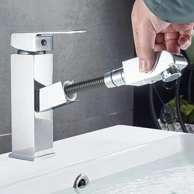 Immagine di rubinetto bagno con doccetta estraibile acciaio inox monocomando acqua calda e fredda 2 tubi inclusi miscelatore lavabo