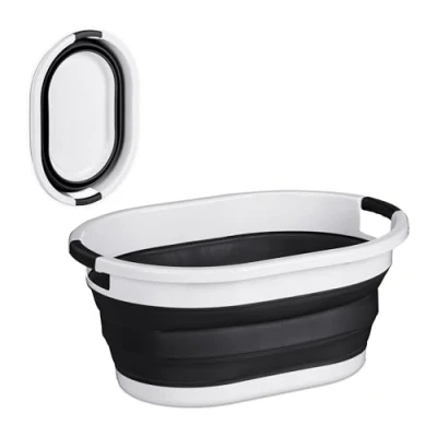 Immagine di Relaxdays Cesto Portabiancheria Pieghevole, 36 Litri, Contenitore Salvaspazio in Plastica con Impugnature, Nero Bianco