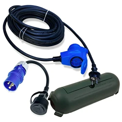 Immagine di Set di cavi da campeggio adattatore CEE 10 m con attacco angolare A spina Schuko + cavo e scatola protezione verde H07RN F 3 x 2,5 mm² 230 V 16 per camper, roulotte, barca