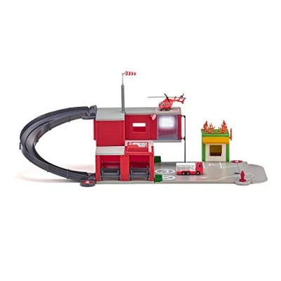 Immagine di siku 5508, Stazione dei vigili del fuoco, Rosso, Set di adesivi incl., Plastica qualità, Con luci e suoni, Camion pompieri ed elicottero inclusi