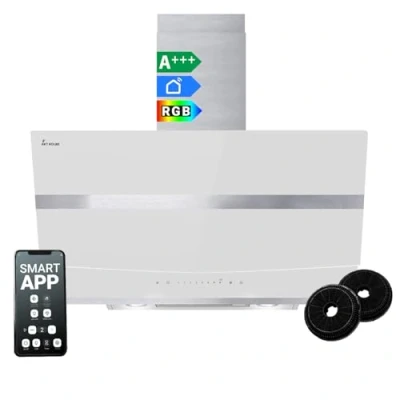 Immagine di Cappa aspirante 80 cm Cucina Inclinata acciaio inossidabile vetro bianco WiFi auto spegnimento Illuminazione LED RGBW Operazione di tocco HERMES8005WM