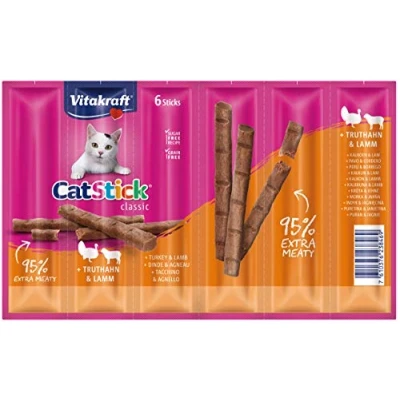 Immagine di Vitakraft Cat Stick Classic Mini bastoncini carnosi con tacchino e agnello, senza zuccheri aggiunti (1 x 6 pezzi)