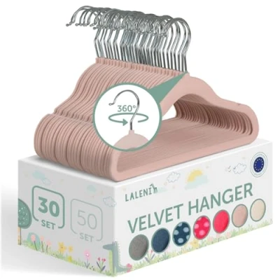 Immagine di Laleni grucce bambini 30 pz in velluto neonato salvaspazio appendiabiti rotanti a 360 appendini antiscivolo stampelle per rosa chiaro