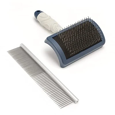 Immagine di Mikki Pettine in acciaio inox per cuccioli di cane e spazzola rigida Cockapoos, Labradoodles, Cavapoos Golden Doodles Starter Set 2 pezzi, blu, grigio, piccolo