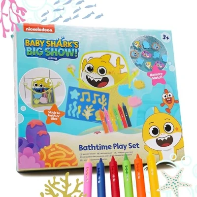 Immagine di Toyland® Baby Shark Set da Gioco per Il Bagnetto con Memory Match e di pastelli Stencil Giocattoli Bagno Adatto dai 3 Anni in su