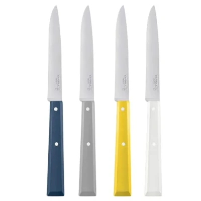 Immagine di Opinel Bon Appetit Celeste 12C27 Set di 4 coltelli da tavola in acciaio INOX con manico legno faggio, colore: Bianco/Blu/Giallo/Grigio