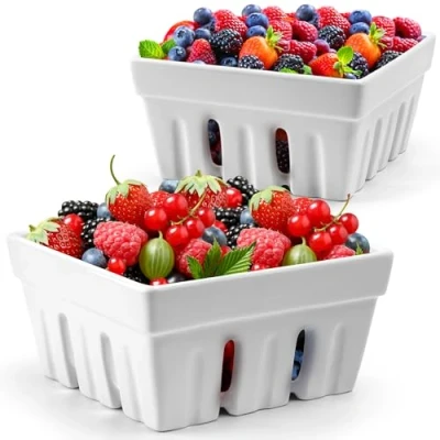 Immagine di MIAMIO Set di 2 cesti per bacche in ceramica/bella ciotola frutta da cucina con fori drenaggio/contenitore fragole