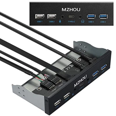 Immagine di MZHOU USB2.0 + 3.0 Pannello Frontale in Metallo, Adattatore da 5,25 Pollici a 19 Pin, 4 Porte USB Hub e (1 Porta Audio HD / 1 Interfaccia TPY C Ingresso Microfono)