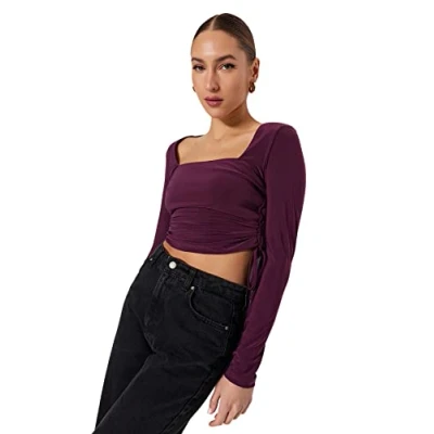 Immagine di Trendyol Camicetta Aderente in Maglia con Colletto Quadrato Camicia, Lilla, S Donna