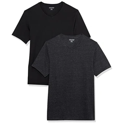 Immagine di Amazon Essentials Confezione da 2 Magliette con Scollo a V Maniche Corte vestibilità Slim Uomo, Pacco 2, Carbone Puntinato/Nero, L