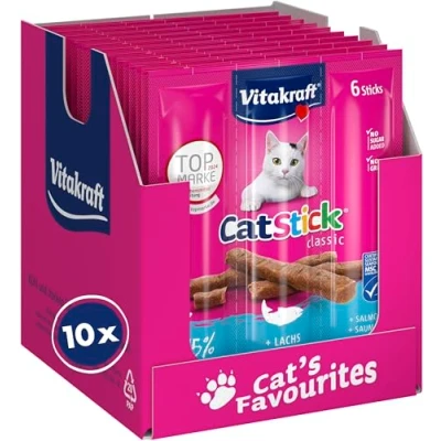 Immagine di Vitakraft Cat stick Classic, snack gatto, mini di carne, con salmone, in formato convenienza, senza l&#039;aggiunta zuccheri e cereali (10x 36g)