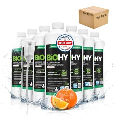 Immagine di BiOHY Detergente per pavimenti robot aspirapolvere con profumo di arancia (9 bottiglie da 1l) + Distributore concentrato tutti i senza schiuma e