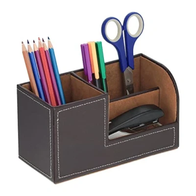 Immagine di Relaxdays Organizer da Scrivania Ufficio, 3 Scomparti Portaoggetti in Similpelle, Portapenne, HLP: 11x20x9,5 cm, Marrone