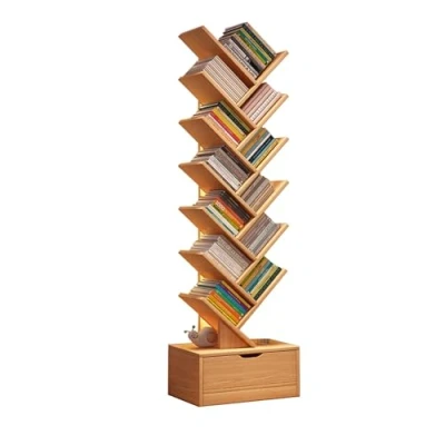 Immagine di Albero per libri con Cassetto in Legno,Libreria ad Albero, Libreria Verticale, Moderno Contenitore Libri, Scaffale Autoportante, Ripiani Organizer Casa, Ufficio, Soggiorno, Camera da