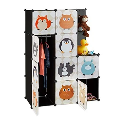 Immagine di Relaxdays Scaffale Componibile per la Cameretta dei Bambini, Immagini di Animali, con Ante e Bastone Appendiabiti, Multicolore, HxLxP: 145 x 110,5 46,5 cm