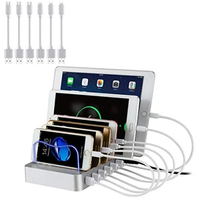Immagine di PRITEK Stazione di Ricarica USB con 6 Corti Cavi Caricabatterie da Tavolo Multi Dispositivo porte Docking Station &amp; Organizzatore per Cellulare Tablet Auricolari MP3 MP4 (Argento)