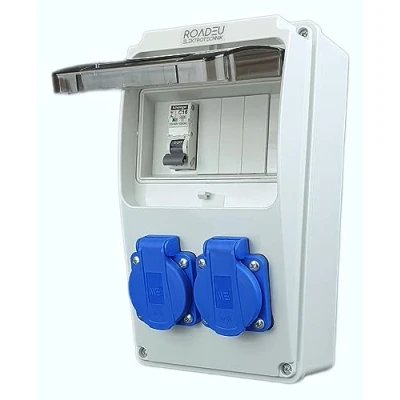 Immagine di RoadEu distributore di corrente 230 V 2 prese Schuko con interruttore C 16 A Cablato, costruzione per interni ed esterni