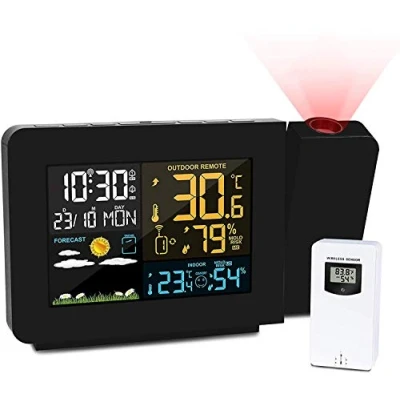 Immagine di HPDOM Stazione Meteo con Sensore Esterno,Orologio Proiezione Scientific Soffitto Temperatura Esterna Sveglia Meteorologiche Proiettore Interno Esterno Termometro