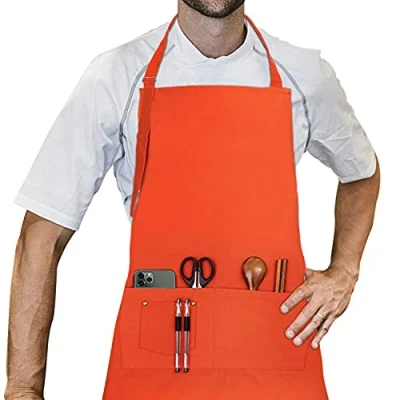Immagine di LessMo Barbecue Grembiule, Grembiule da Cucina 100% Cotone con Laccio Regolabile e Due Tasche, qualità Professionale, 70 x 85cm, Arancia