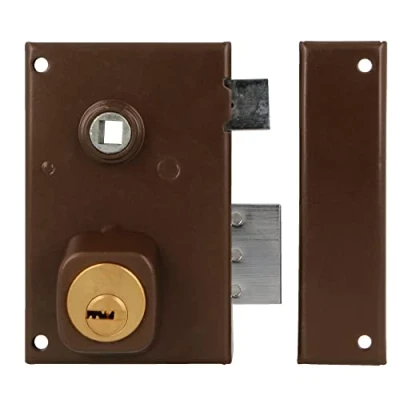 Immagine di Amig Serratura a Sovrapposizione Destra con Leva di chiusura, Linguetta e Quadretto per Porte in Legno Mod. 75N / 72 x 112 mm/cilindro rotondo sicurezza/acciaio marrone