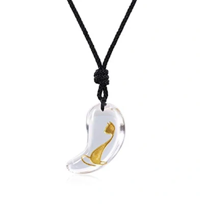 Immagine di COAI Pendente Unisex Magatama in Cristallo di Quarzo Intarsiato Oro con Totem Animale Gatto, Collana Regolabile Ciondolo Giapponese
