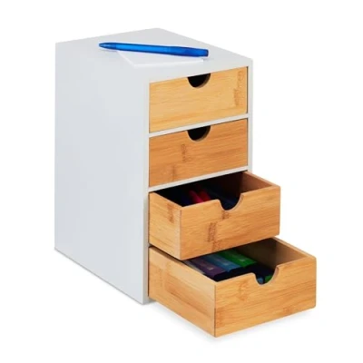 Immagine di Relaxdays Portaoggetti da Scrivania con Cassetti, 4 Cassettini, Organizer in bambù, 27,5 x 16,5 21 cm, Naturale Bianco, Fibra di Legno