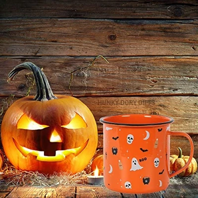 Immagine di Tazza smaltata arancione spettrale con stampa di Halloween, 99 cm x 13 (1 pezzo), design divertente e materiale in ferro, perfetta per l&#039;uso quotidiano