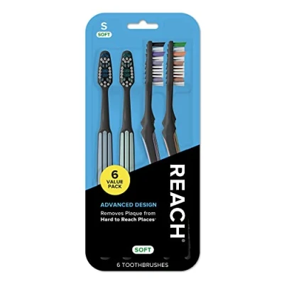Immagine di Reach spazzolino da denti dal design avanzato con tappo per denti, collo angolato, setole morbide a due livelli, manico sagomato, raschietto lingua, 6 pezzi