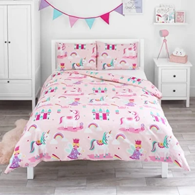Immagine di Bloomsbury Mill Set Copripiumino Piazza e Mezza Unicorno, Principessa Arcobaleni Lenzuola Letto Reversibile Per Ragazee Di Biancheria Da Bambini 200 x 200cm 2 Federe