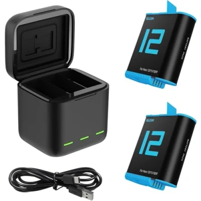 Immagine di TELESIN Caricabatterie triplo e scatola di immagazzinaggio della batteria con caricatore a 3 canali 2 batterie agli ioni litio per GoPro Hero 12 11/10/9 Black (1 + batterie)