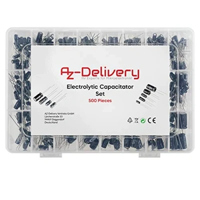 Immagine di AZDelivery ElKo Assortimento Condensatore Elettrolitico in Alluminio 24 valore 500 pezzi 0,1uF 1000uF con Scatola di Stoccaggio compatibile Arduino incluso un E Book!