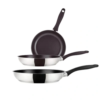 Immagine di Fagor Inoxtherm Set di 3 padelle a induzione, 20 24 28 cm, in acciaio inox, con rivestimento antiaderente, titanio ecologico, senza PFOA, fondello diffusore, adatto per tutti i piani cottura,