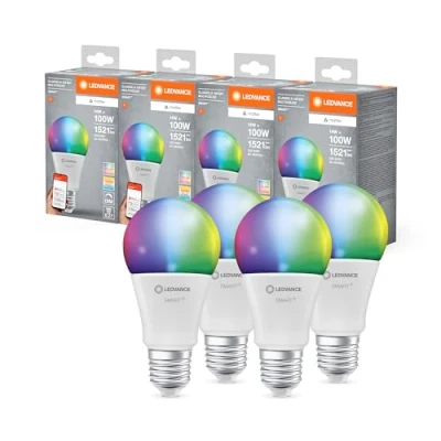 Immagine di Ledvance Lampada Led Smart+ Matter, Smerigliata, 14W, 1521Lm, Forma a Goccia E27, Luce Colorata e Bianca, Compatibile con Google, Alexa, Apple, App o Controllo Vocale, 20.000 Ore,Conf. Da 4