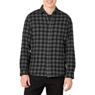 Immagine di Amazon Essentials Camicia in Flanella Scozzese con Bottoni A Maniche Lunghe Sagomata Uomo, Nero Carbone Buffalo Plaid, L
