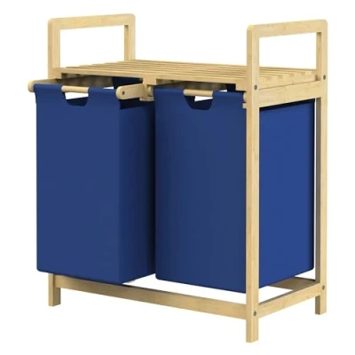 Immagine di ML Design Cesto Portabiancheria con Struttura in Bambù Ripiano e 2 Scomparti Tessuto 60 L Blu Scuro per Biancheria 63x33x73 cm Raccoglitore adatto il Bagno Sacchi Estraibili