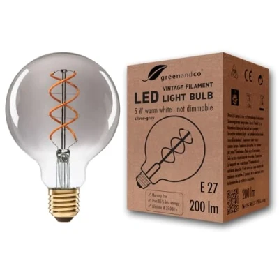 Immagine di Lampadina a filamento LED greenandco® Vintage grigio argento E27 G95 5W 200lm 1800K (bianco caldo) 360 230V AC Vetro, nessun sfarfallio, non dimmerabile
