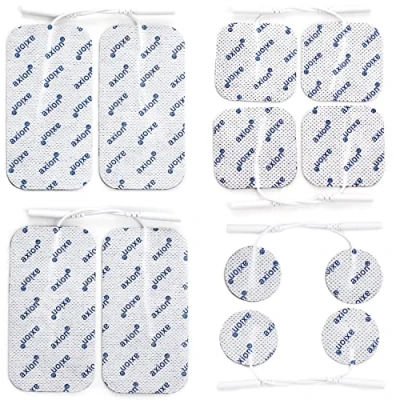 Immagine di axion Set 12 elettrodi pads 4 * 5x5 cm 10x5 + tondi 32 mm di qualità Premium per elettrostimolatori TENS e EMS con cavetti da 2mm