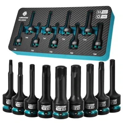 Immagine di LIBRATON Set di Bussole per Punte Torx a Impulsi, Attacco da 1/2&quot;, Acciaio S2, 9 Chiavi Percussione Torx, Stella T30 80, Avvitatore Custodia XPE, Riparazione