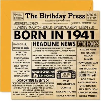 Immagine di biglietto di auguri 83 compleanno uomini e donne con giornale Born In 1941 nonno nonna vintage retro 145mm biglietti
