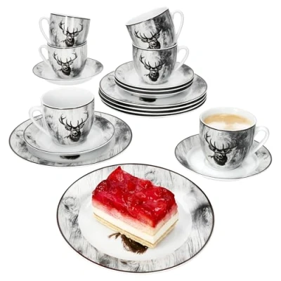 Immagine di MamboCat Alois Servizio da caffè 18 pezzi, in porcellana bianca con decorazione di cervo, per 6 persone, tazze 200 ml, piattini e piatti colazione