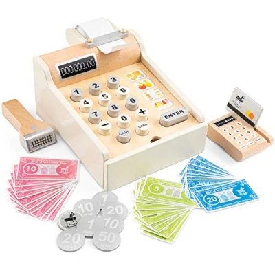 Immagine di New Classic Toys Eitech GmbH 10651 Registratore di Cassa con Soldi, Scanner e Carte bancarie, Accessori per Carica, in Legno, Colore Set Bianco